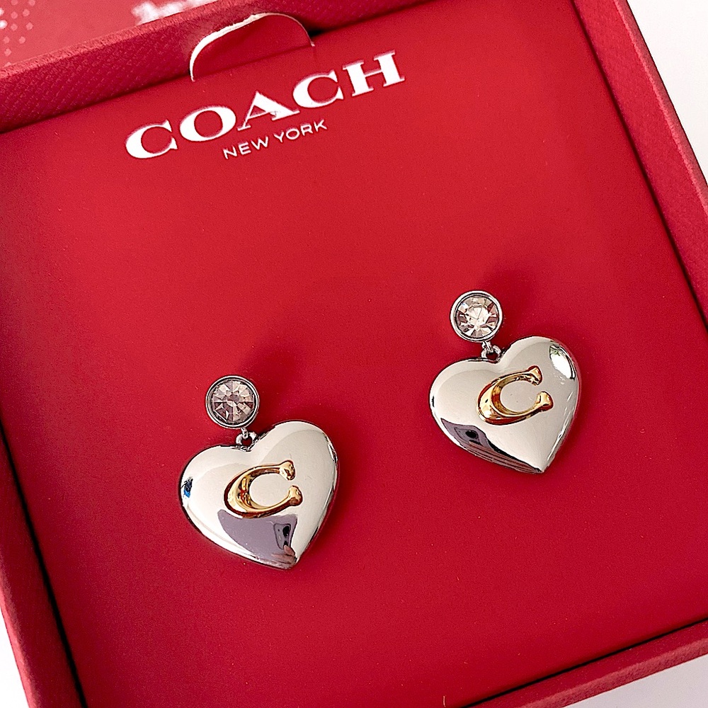 COACH Silver-tone Signature Heart Drop Earrings